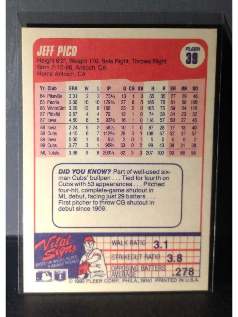 1990 Jeff Pico Fleer Baseball Card #39